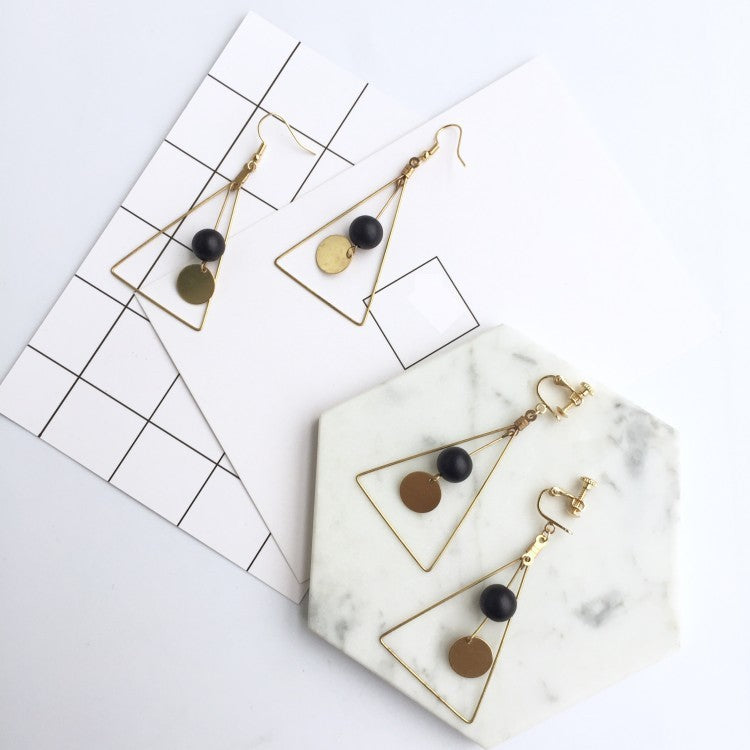 Dynamic Triangle Earrings adorned With Wood Disk and Bead