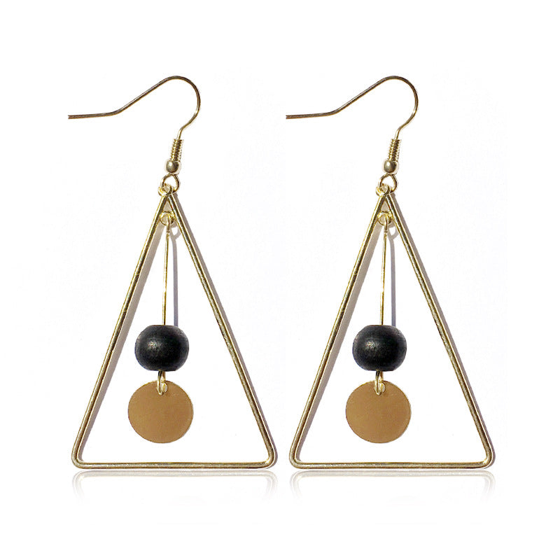 Dynamic Triangle Earrings adorned With Wood Disk and Bead