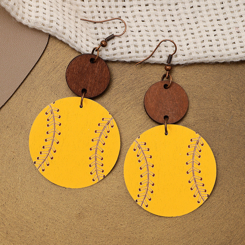 Sporty Wood Yellow Baseball Earrings