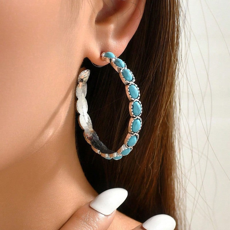 Beautiful Antique Turquoise Embedded Hoop Earrings