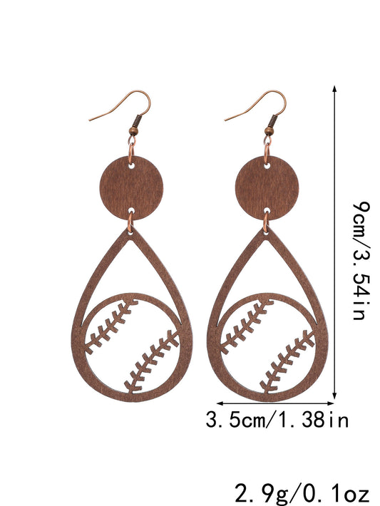 Sporty Wood Raindrop Baseball Earrings