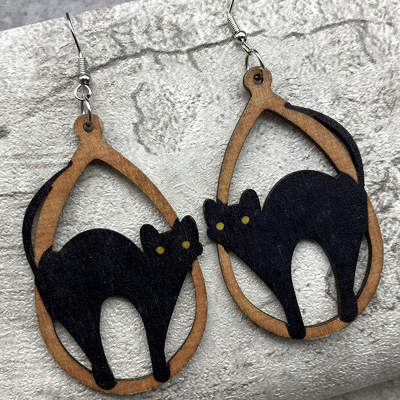 Halloween Wood Cat Earrings