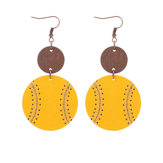 Sporty Wood Yellow Baseball Earrings