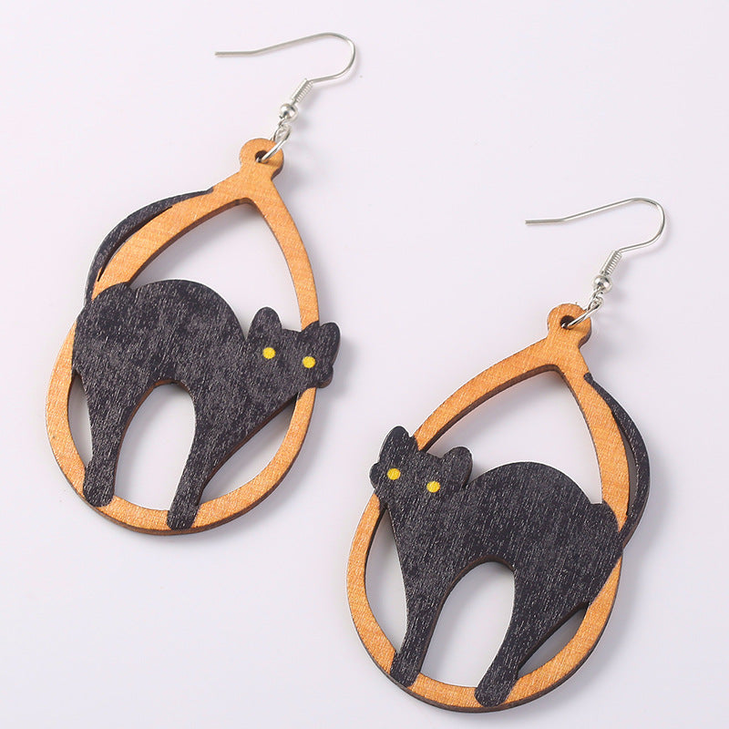 Halloween Wood Cat Earrings