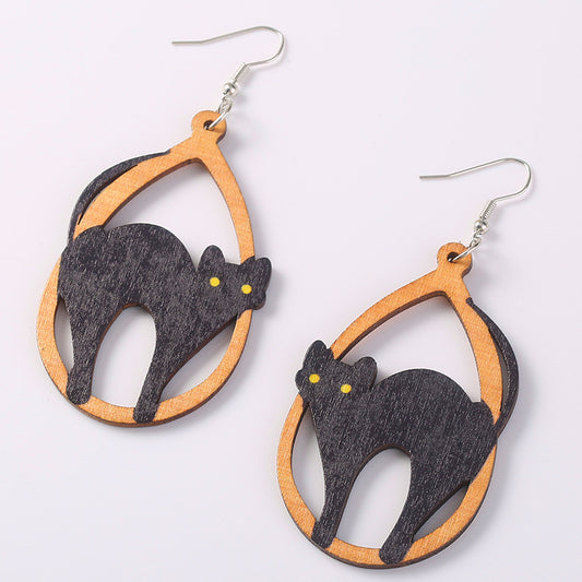 Halloween Wood Cat Earrings