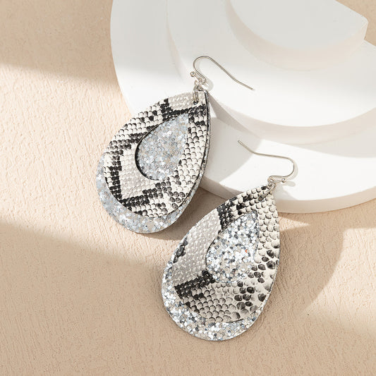 Beautiful Shining Leather Raindrop Snakeprint Earrings